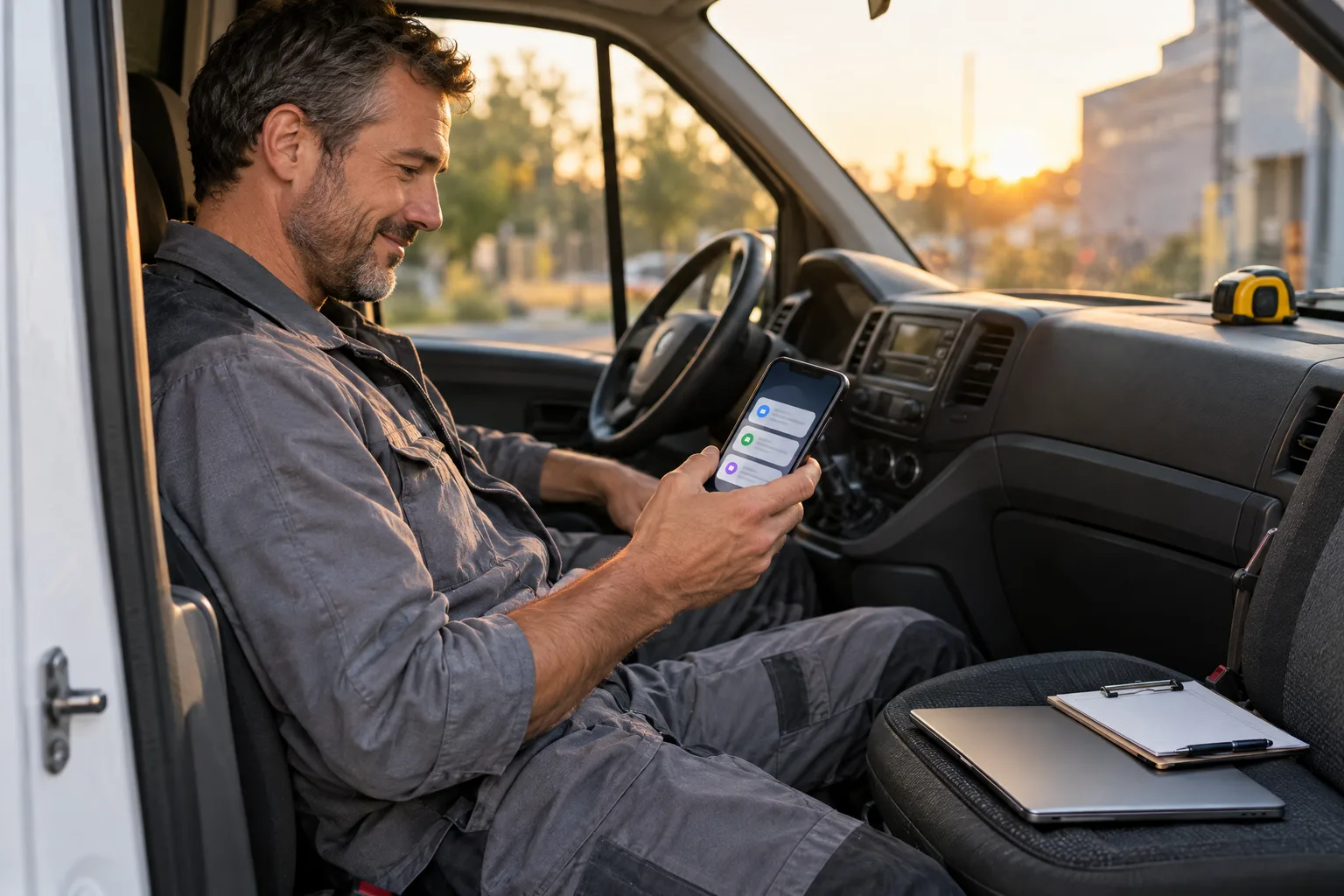 Tradesman sitting in his work van at the end of the day, checking notifications on his smartphone