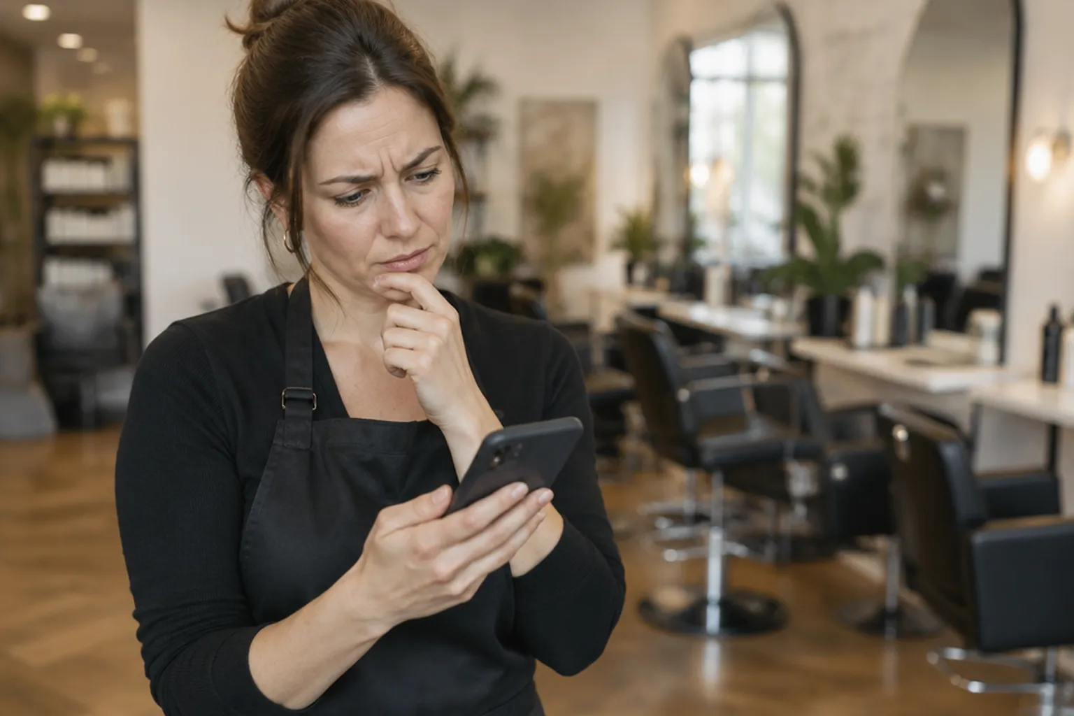 Hair salon owner looking at her smartphone, puzzled, after Google reviews disappeared from her salon's Business Profile