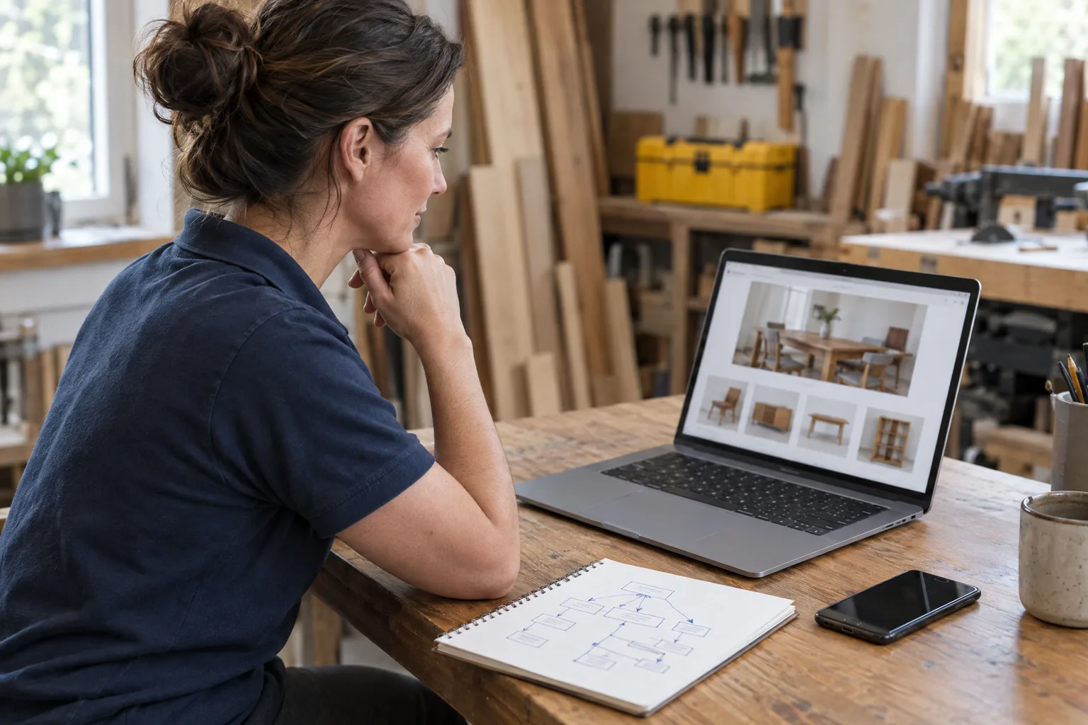 Woodworking shop owner reviewing her new business website on a laptop in her workshop