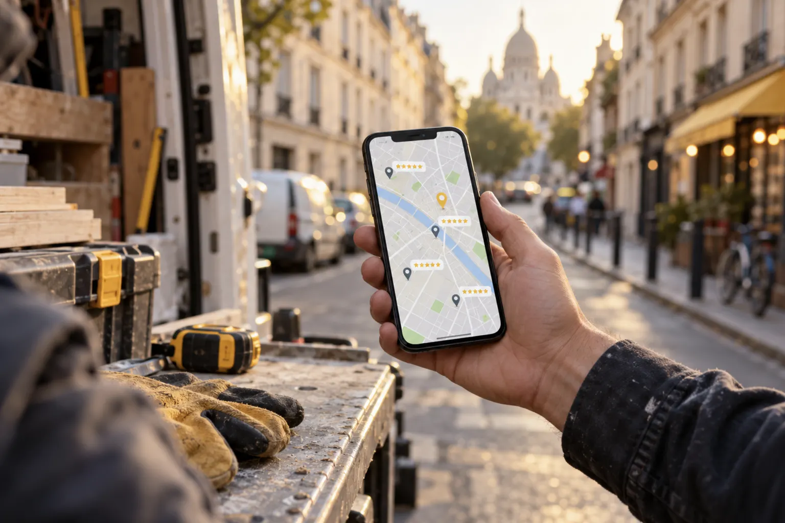 Main d'artisan tenant un smartphone affichant une carte avec des fiches d'entreprises notées, dans une rue de Paris