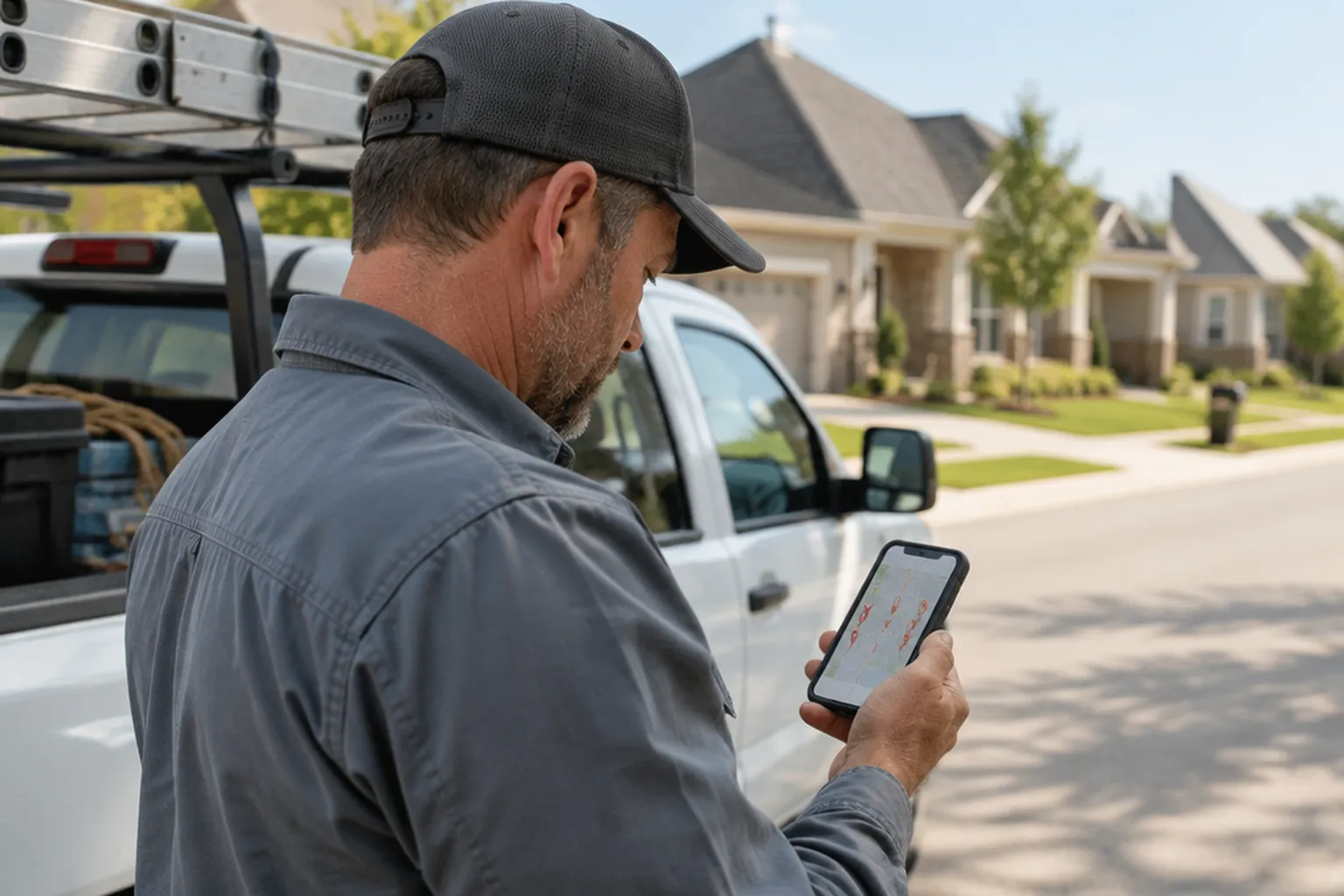 Roofing contractor standing next to his pickup truck in a residential street, checking a map of his service area on his smartphone