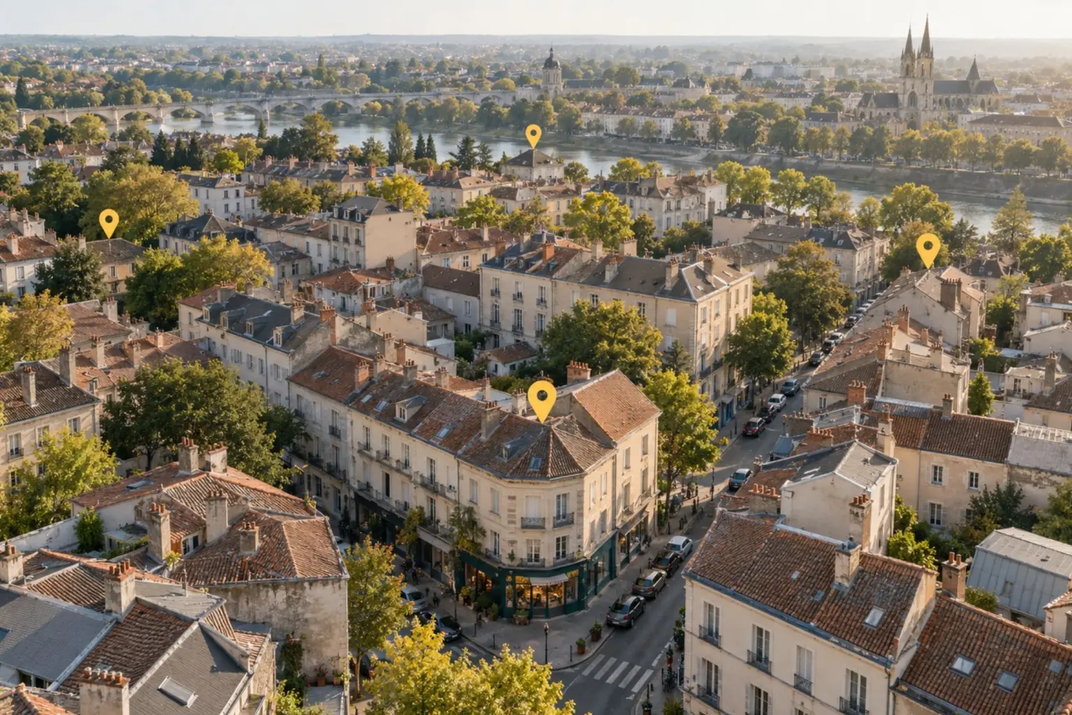 Vue aérienne d'un quartier d'une ville française avec des repères de localisation jaunes sur plusieurs bâtiments