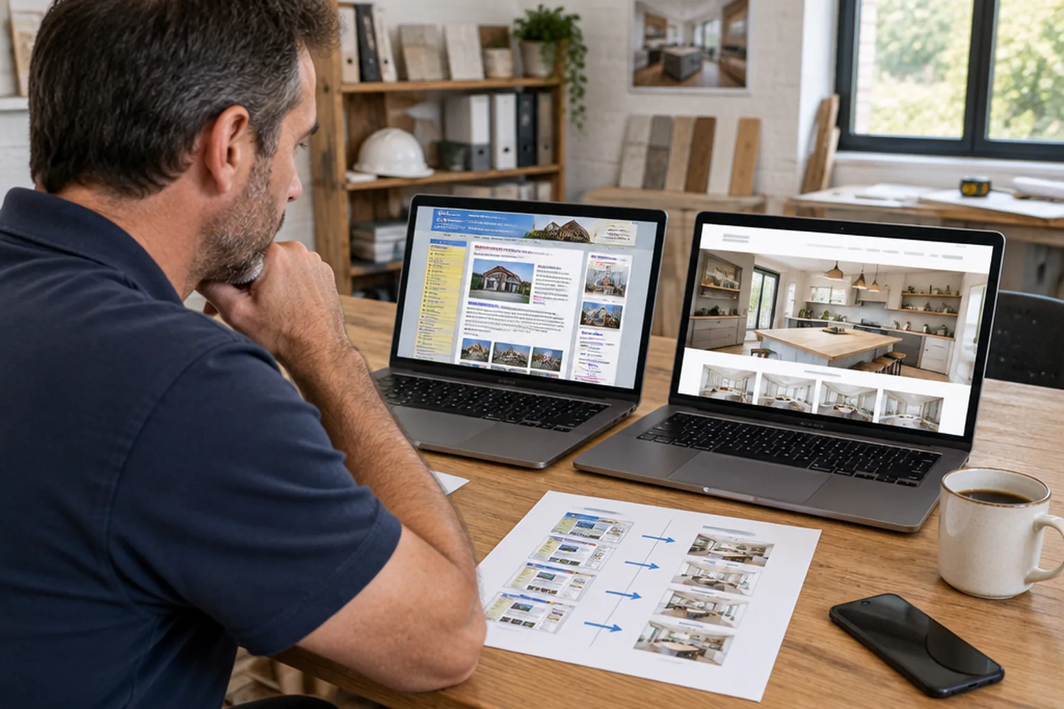 Renovation business owner comparing his old website and his new website on two laptops, with a printed redirect plan on the desk
