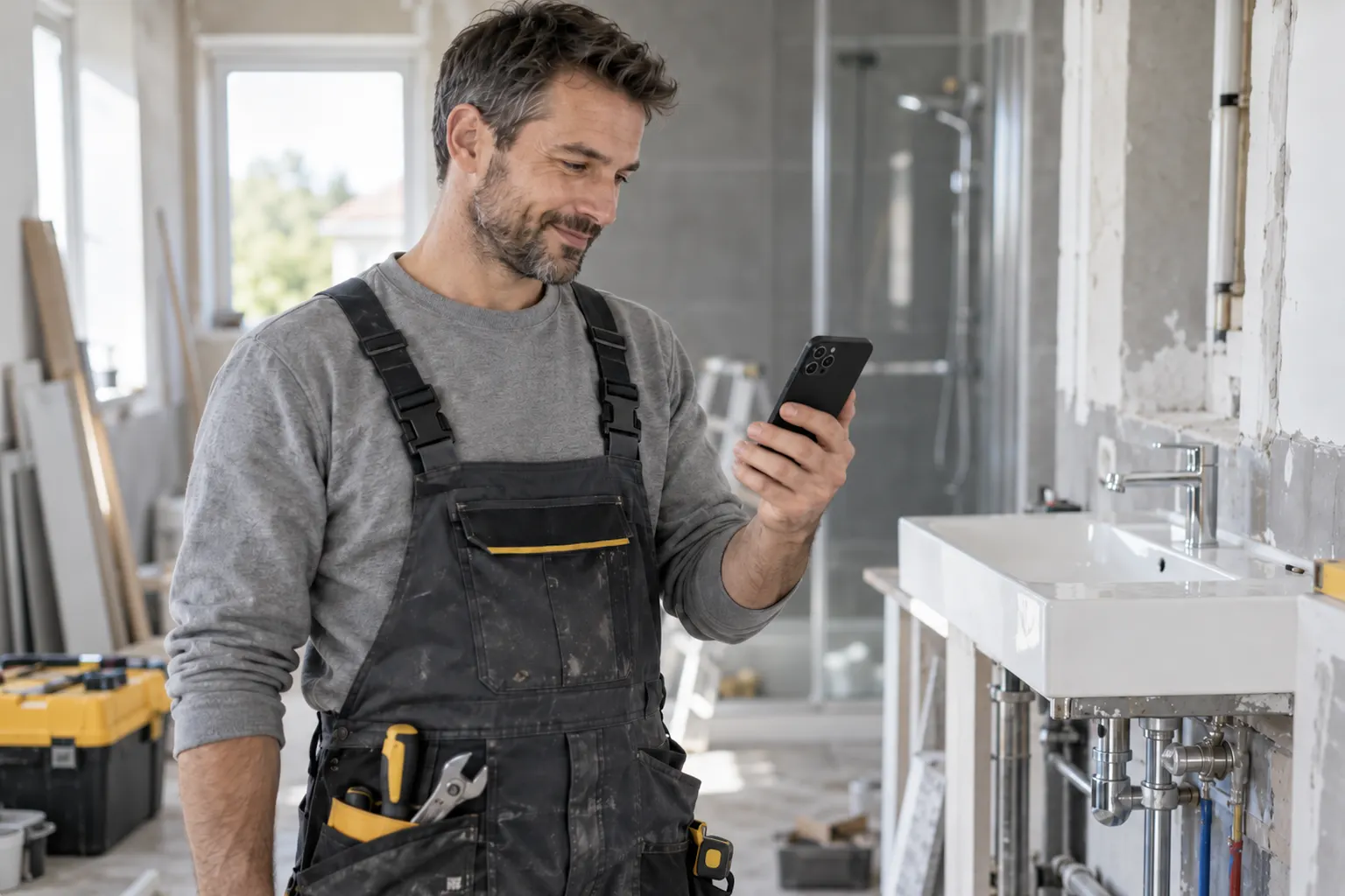 Plumber in work overalls checking his smartphone in a bathroom under renovation
