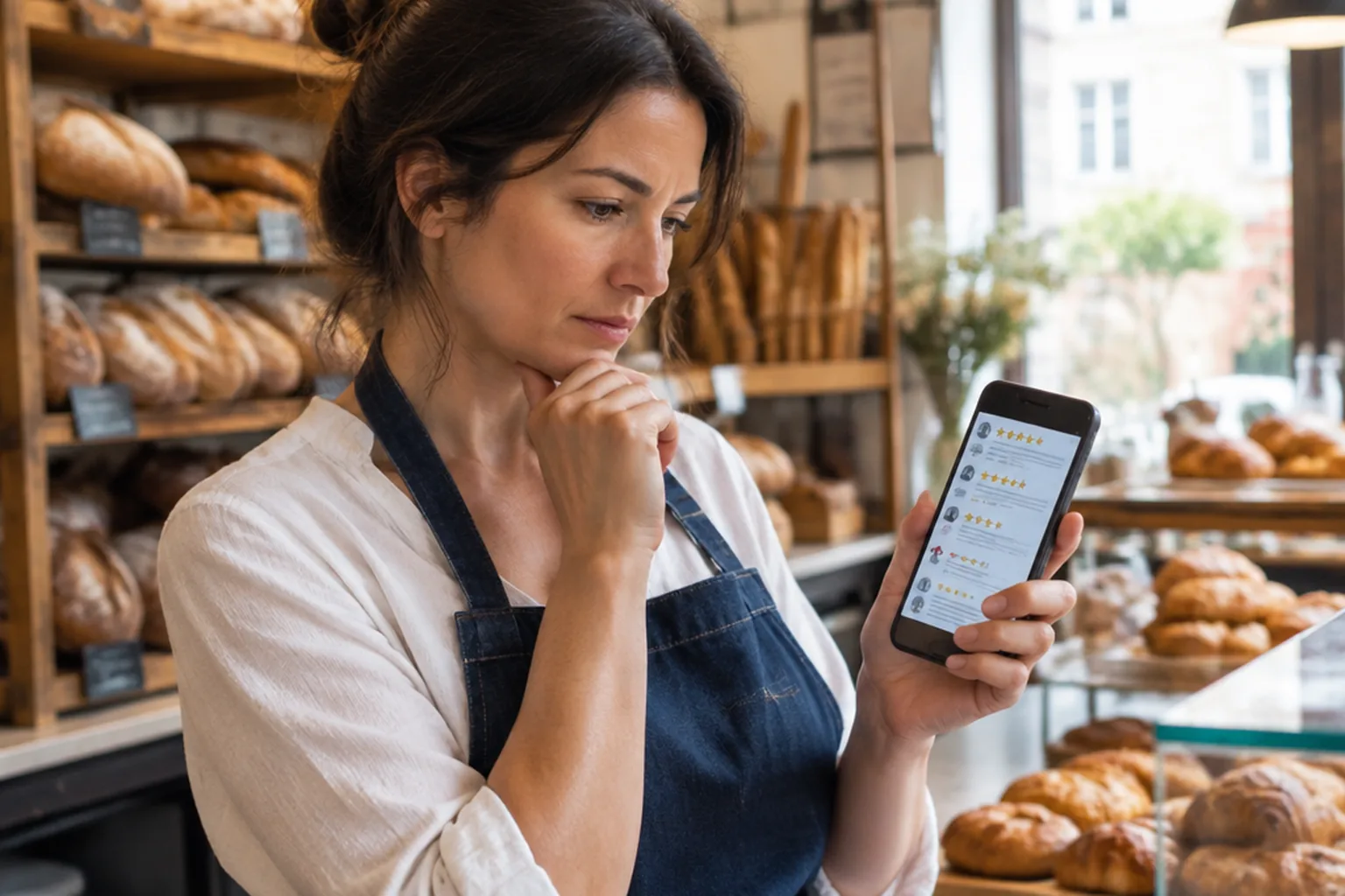 Gérante d'une boulangerie consultant les avis Google de son commerce sur son smartphone, derrière son comptoir