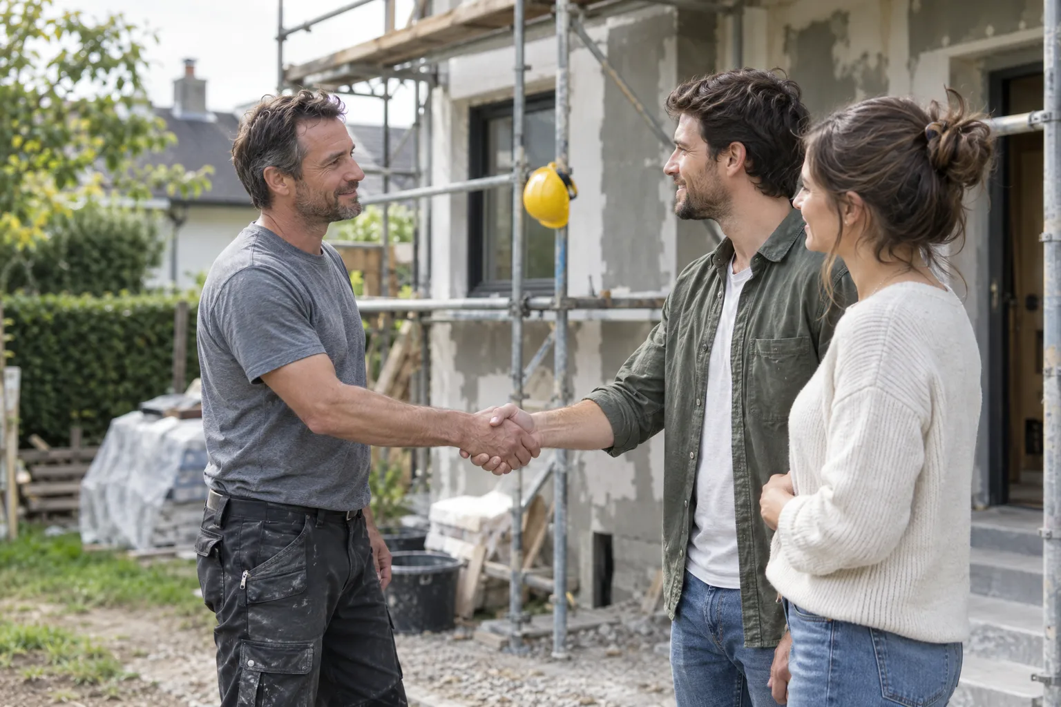 Contractor shaking hands with a homeowner couple in front of a house under renovation with scaffolding